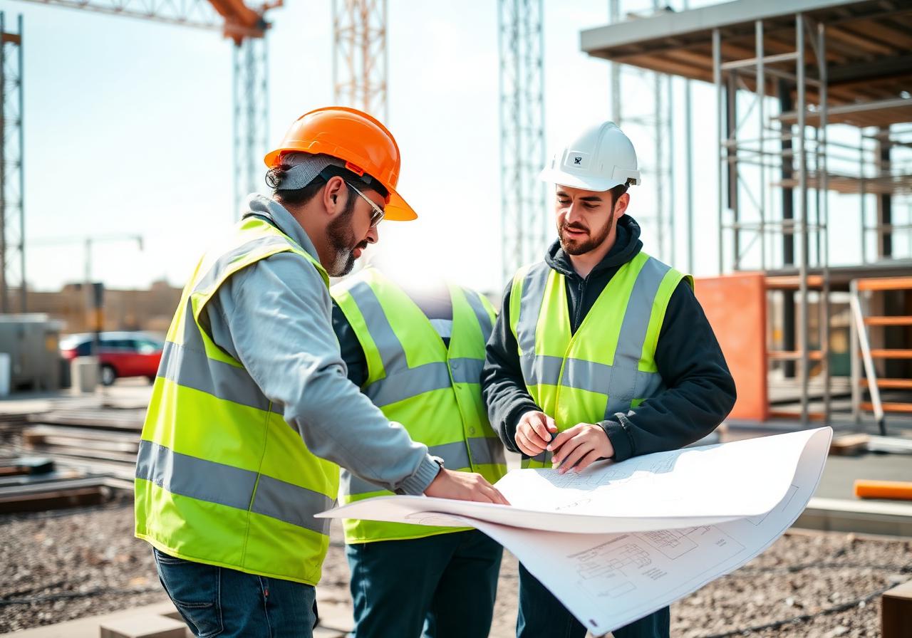 Construction team reviewing blueprints on site